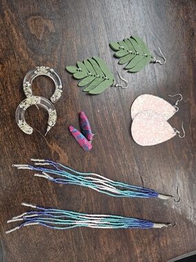 Handmade Multicolor Beaded Fringe Earrings - Green Leaf & Pink Teardrop Set